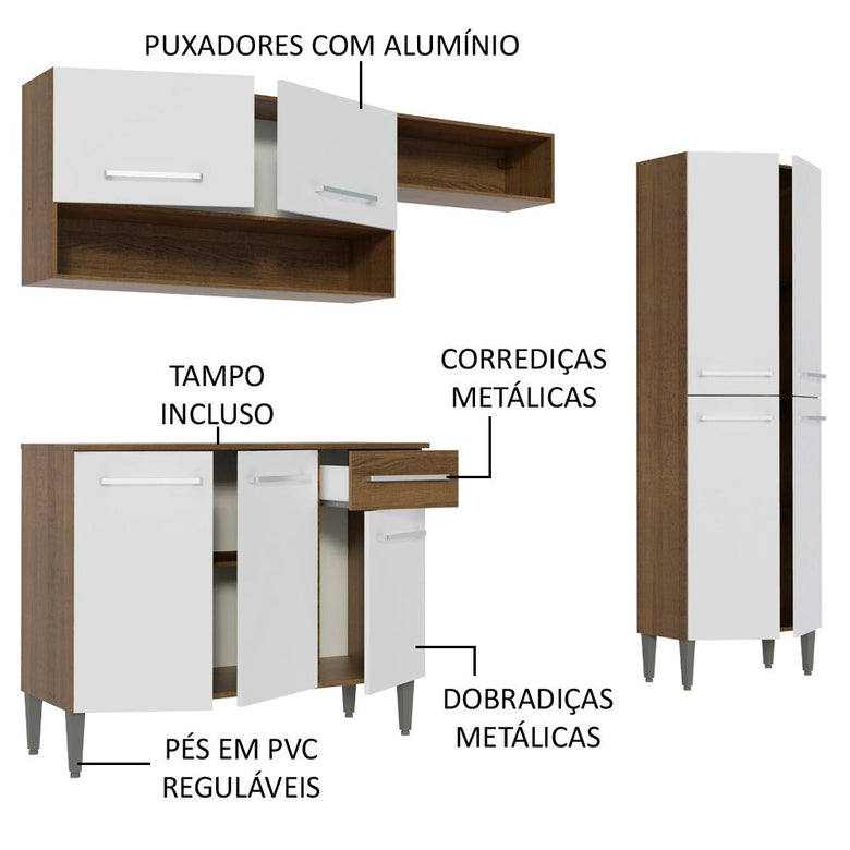Armário de Cozinha Compacta Madesa Emilly Pop com Balcão Rustic/Branco