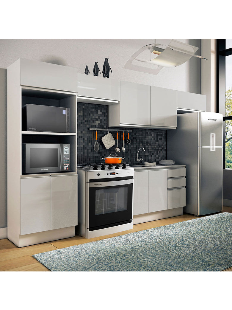 Armário de Cozinha Completa 100% MDF 350cm Frentes Branco Brilho Acordes Madesa XA01