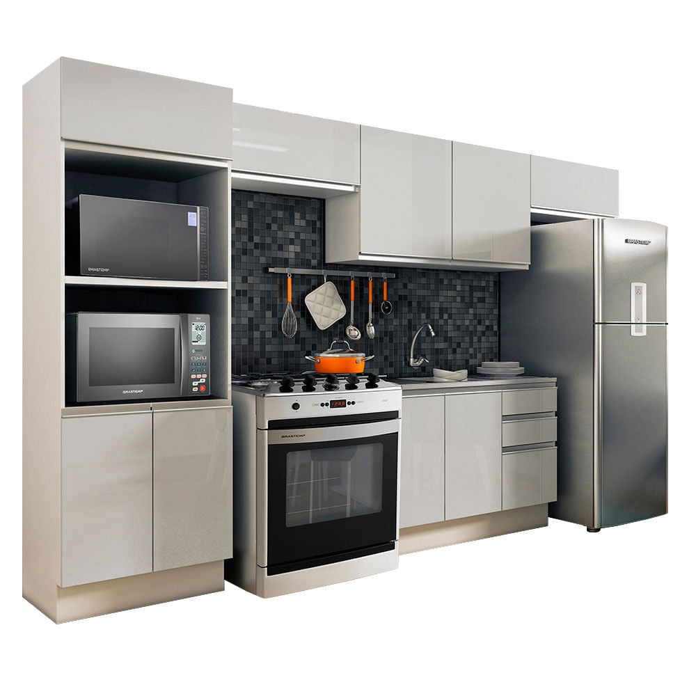 Armário de Cozinha Completa 100% MDF 350cm Frentes Branco Brilho Acordes Madesa XA01 - Branco