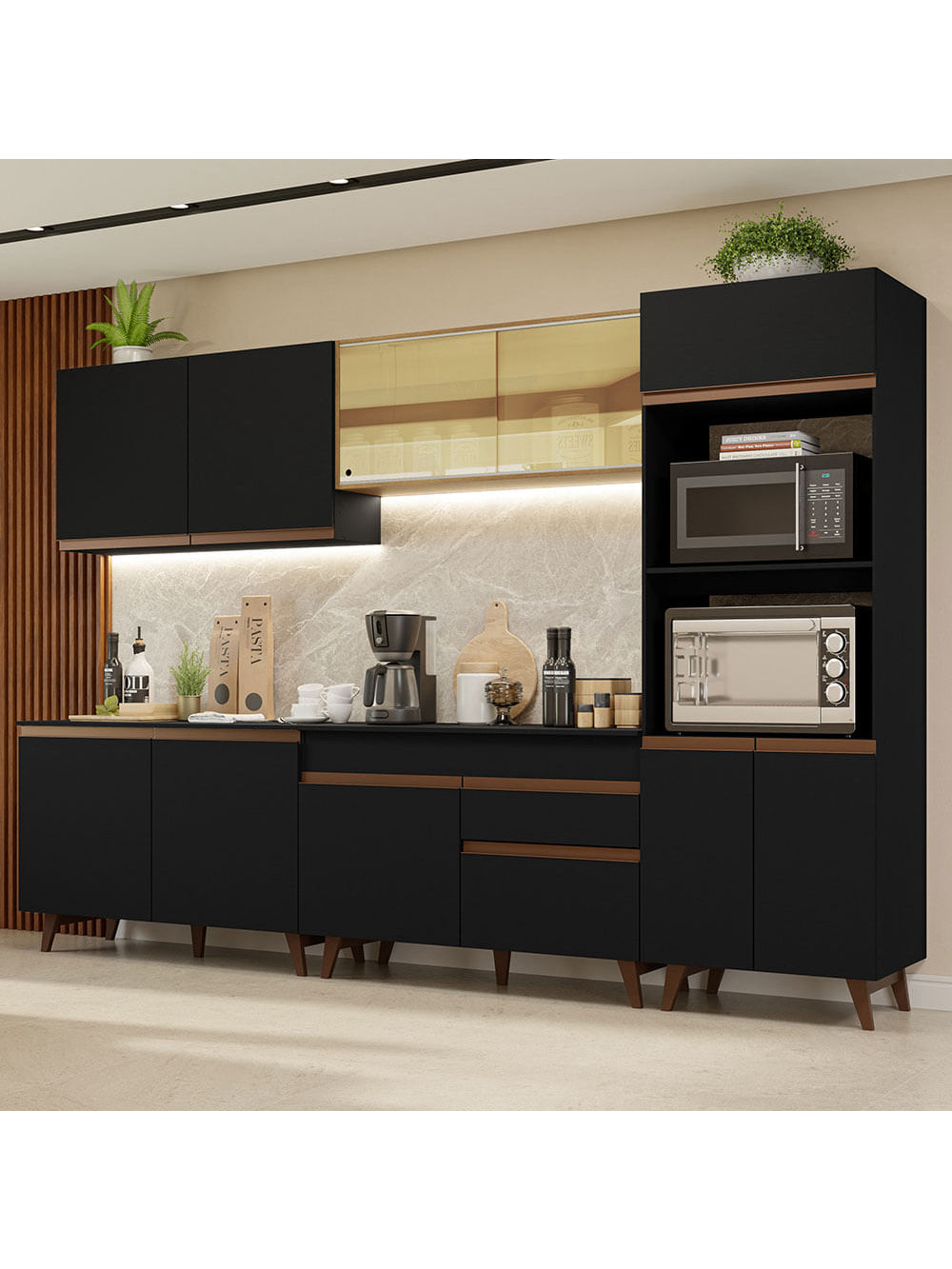 Armário de Cozinha Completa 310cm Preto/Rustic Reims Madesa XA01 - Preto/Rustic