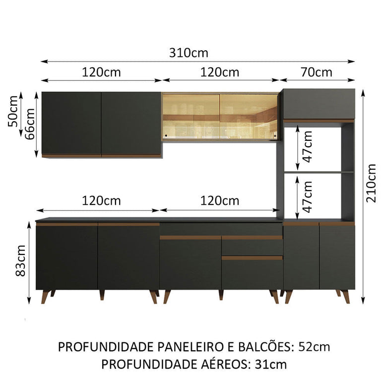 Armário de Cozinha Completa 310cm Preto/Rustic Reims Madesa XA01