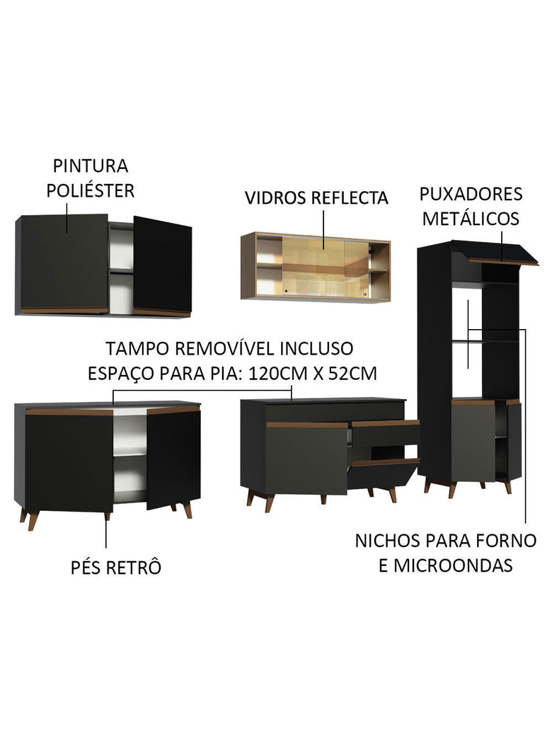 Armário de Cozinha Completa 310cm Preto/Rustic Reims Madesa XA01