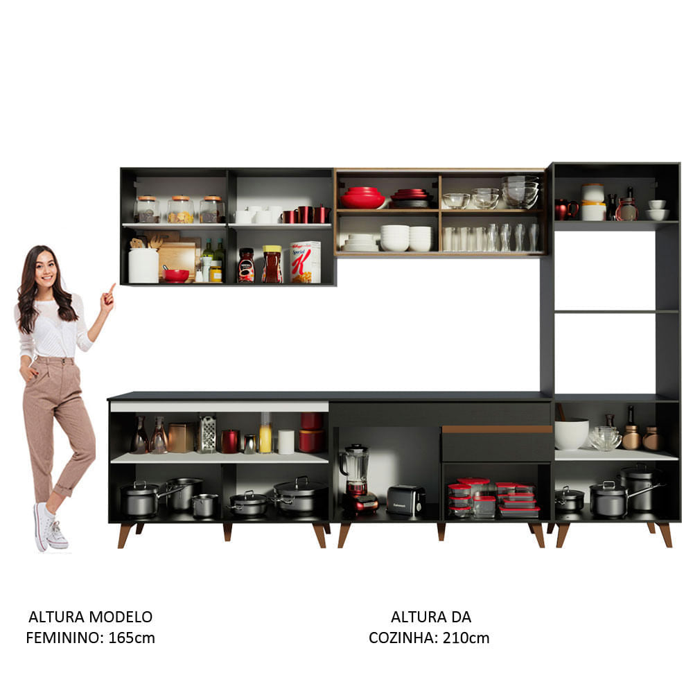 Armário de Cozinha Completa 310cm Preto/Rustic Reims Madesa XA01