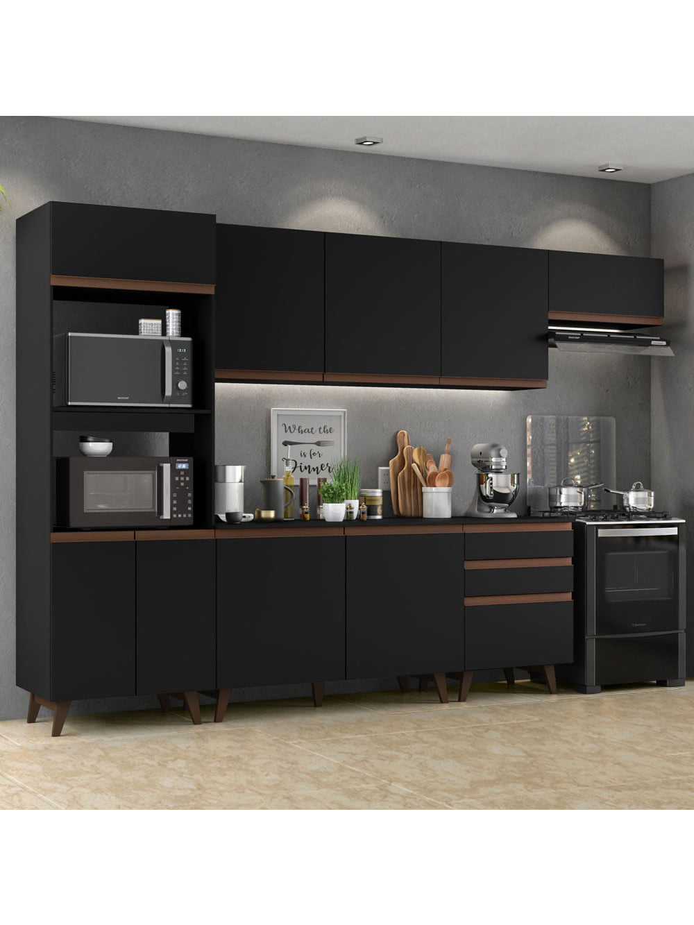 Armário de Cozinha Completa 320cm Preto/Rustic Reims Madesa XA01 - Preto