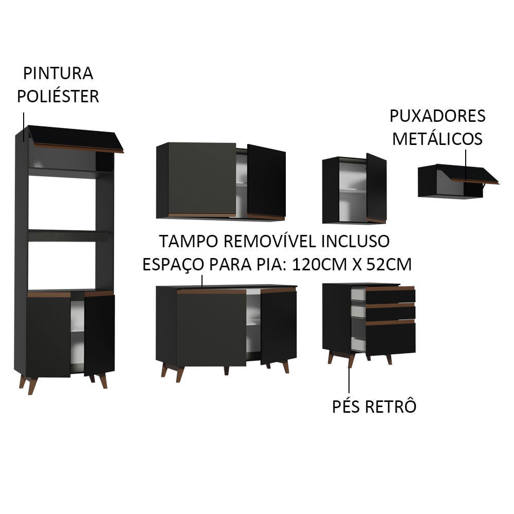 Armário de Cozinha Completa 320cm Preto/Rustic Reims Madesa XA01