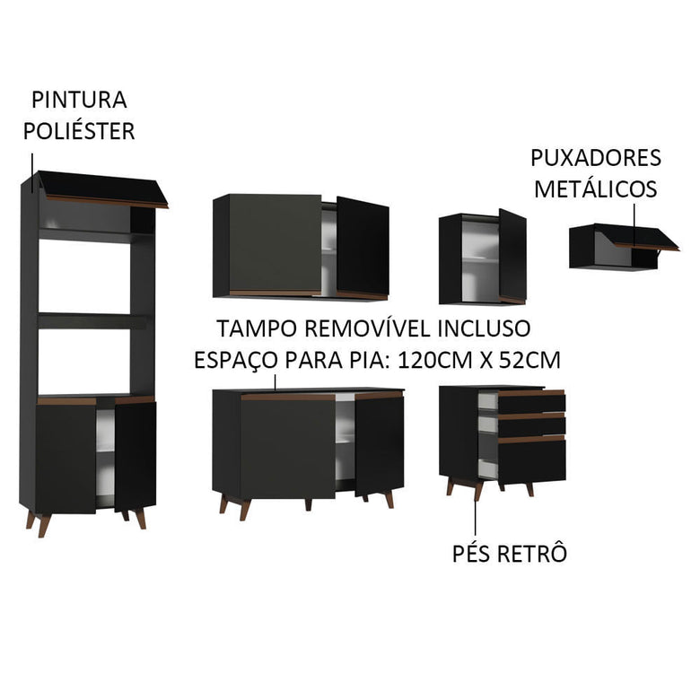 Armário de Cozinha Completa 320cm Preto/Rustic Reims Madesa XA01