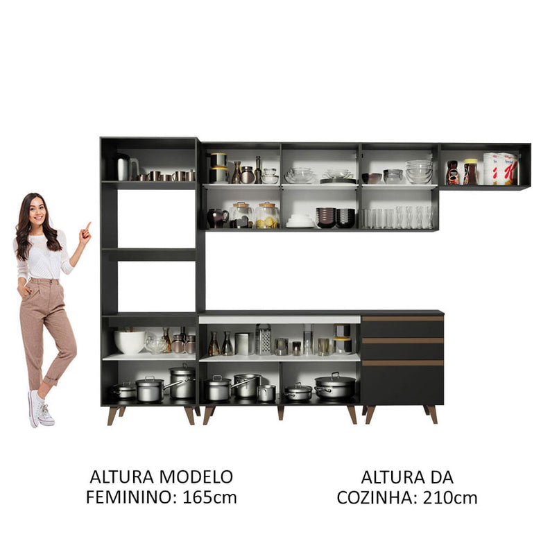 Armário de Cozinha Completa 320cm Preto/Rustic Reims Madesa XA01