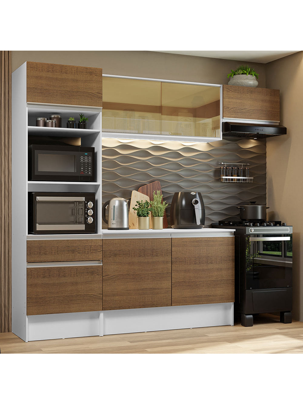 Armário de Cozinha Completa 240cm Branco/Rustic Diamante Madesa XA02 - Branco/Rustic