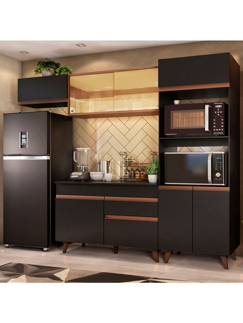 Armário de Cozinha Completa 260cm Preto/Rustic Reims Madesa XB01 - Preto/Rustic