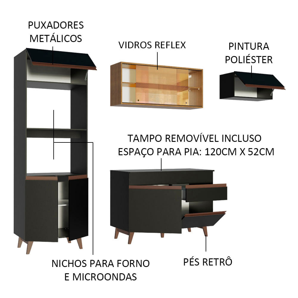 Armário de Cozinha Completa 260cm Preto/Rustic Reims Madesa XB01