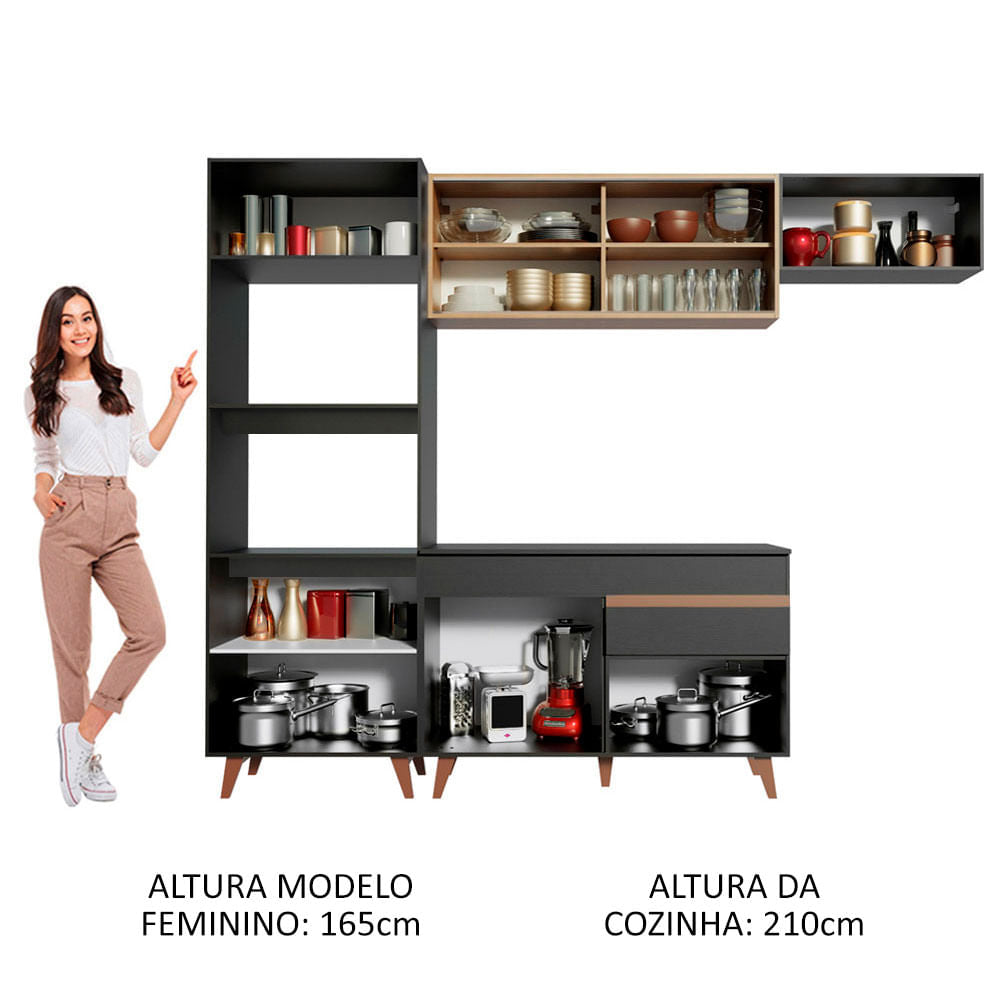 Armário de Cozinha Completa 260cm Preto/Rustic Reims Madesa XB01