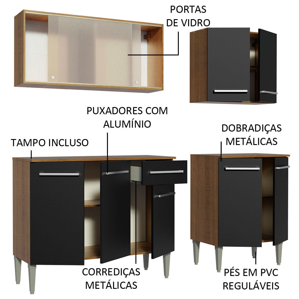 Armário de Cozinha Completa 169cm Rustic/Preto Emilly Box Madesa 03
