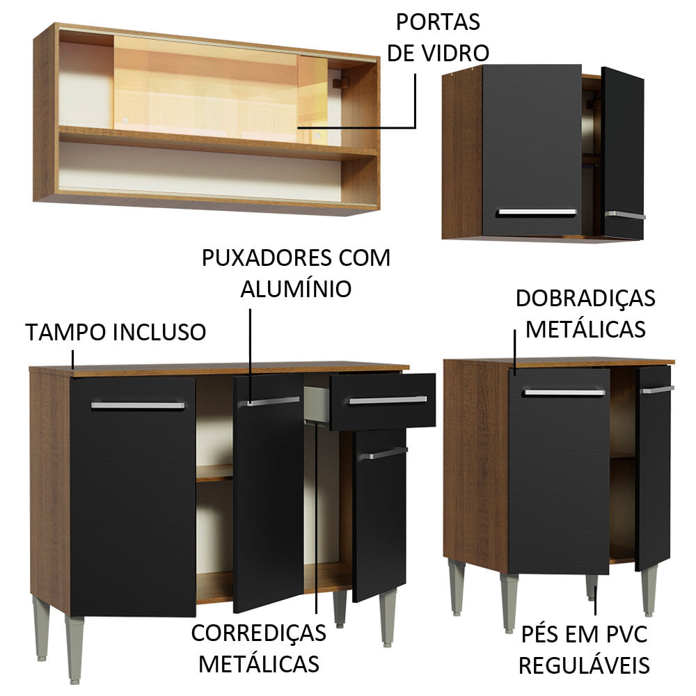 Armário de Cozinha Completa 169cm Rustic/Preto Emilly Dance Madesa 07