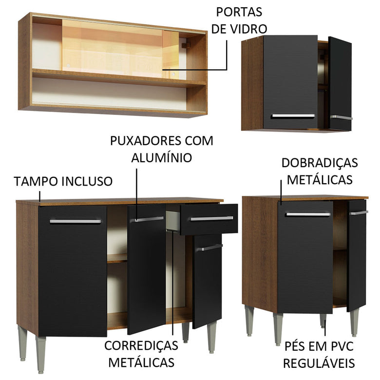 Armário de Cozinha Completa 169cm Rustic/Preto Emilly Dance Madesa 07