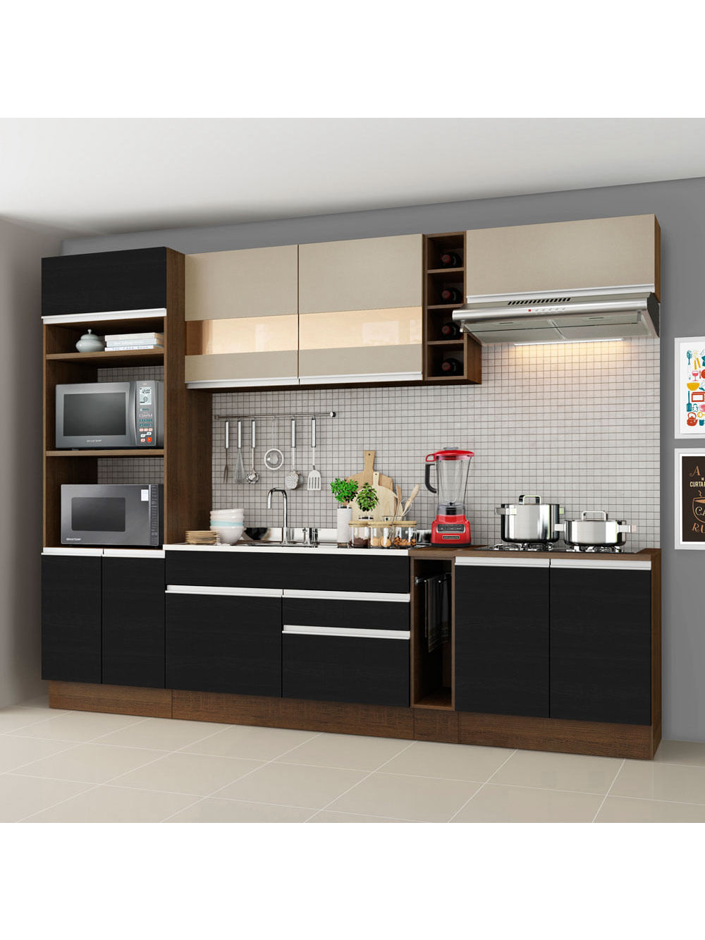 Armário de Cozinha Completa 290cm Rustic/Preto Vicenza Madesa 06 - Rustic/Preto/Crema