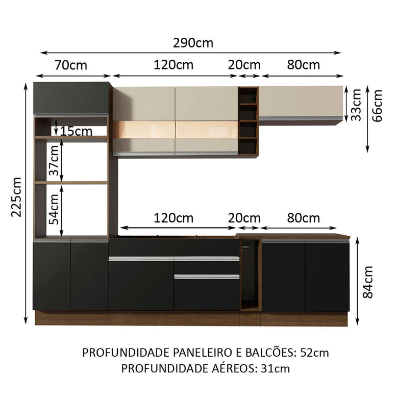 Armário de Cozinha Completa 290cm Rustic/Preto Vicenza Madesa 06