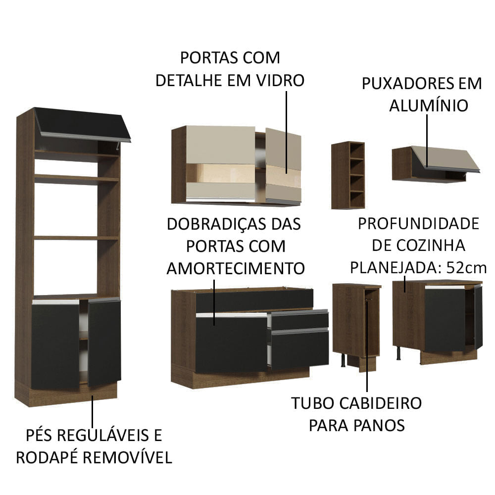 Armário de Cozinha Completa 290cm Rustic/Preto Vicenza Madesa 06