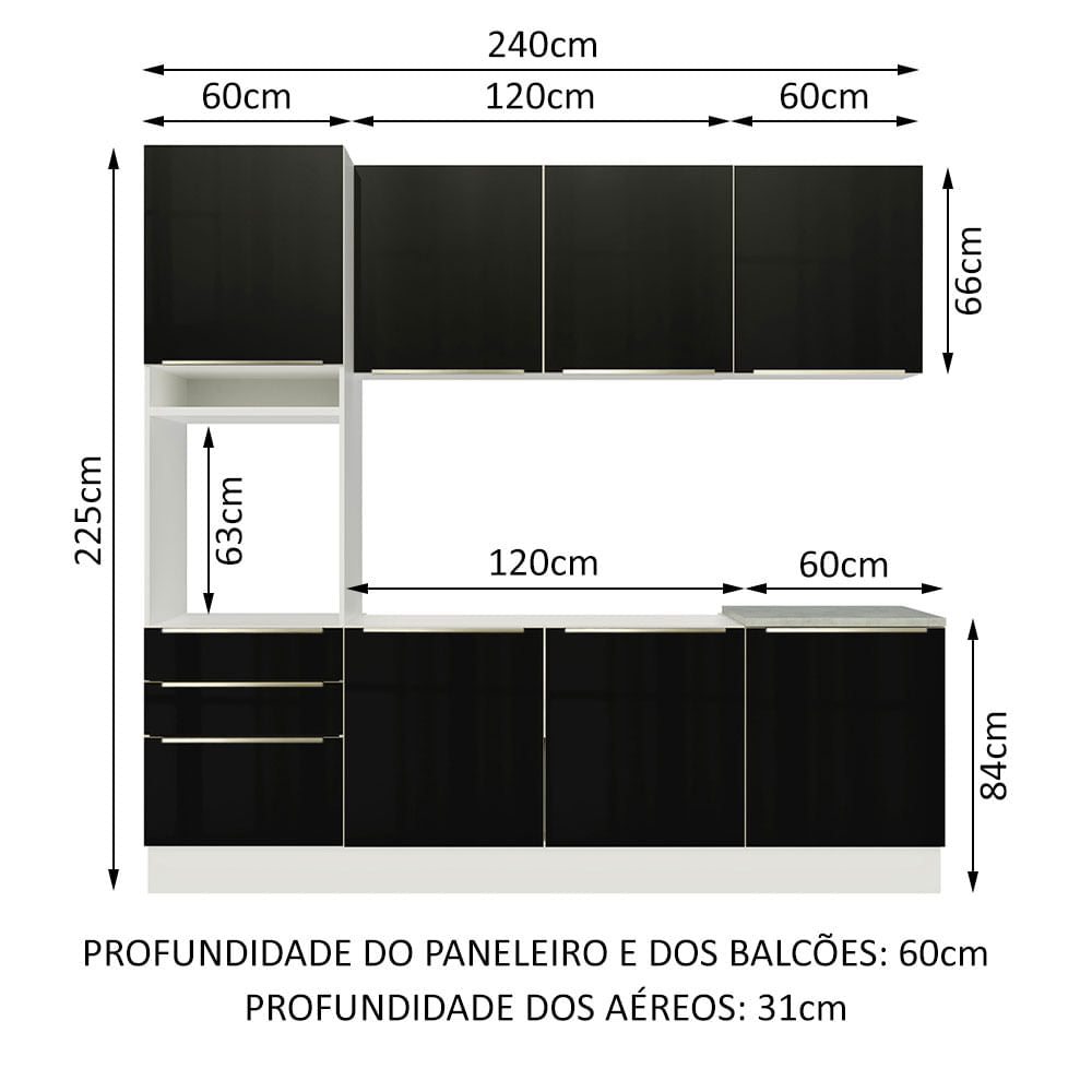 Armário de Cozinha Completa 240cm Branco/Preto Lux Madesa 03