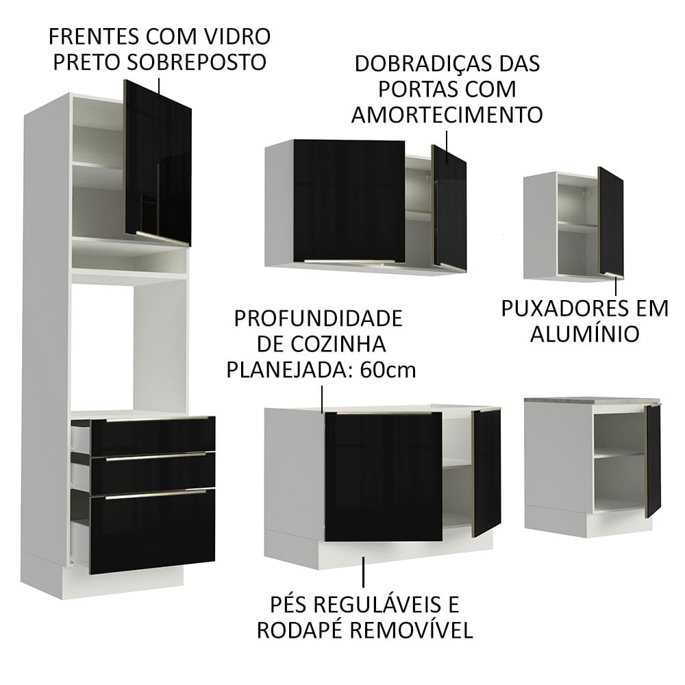 Armário de Cozinha Completa 240cm Branco/Preto Lux Madesa 03