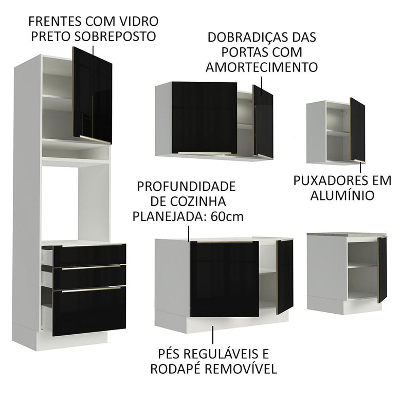 Armário de Cozinha Completa 240cm Branco/Preto Lux Madesa 03