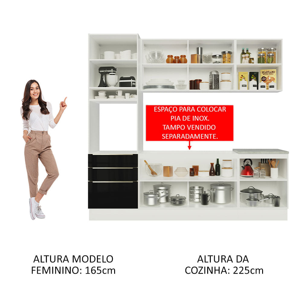 Armário de Cozinha Completa 240cm Branco/Preto Lux Madesa 03