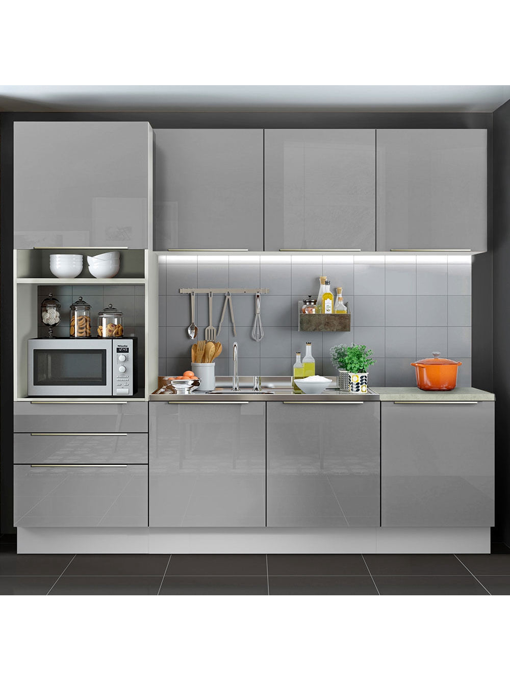 Armário de Cozinha Completa 240cm Branco/Cinza Lux Madesa 03 - Branco/Cinza