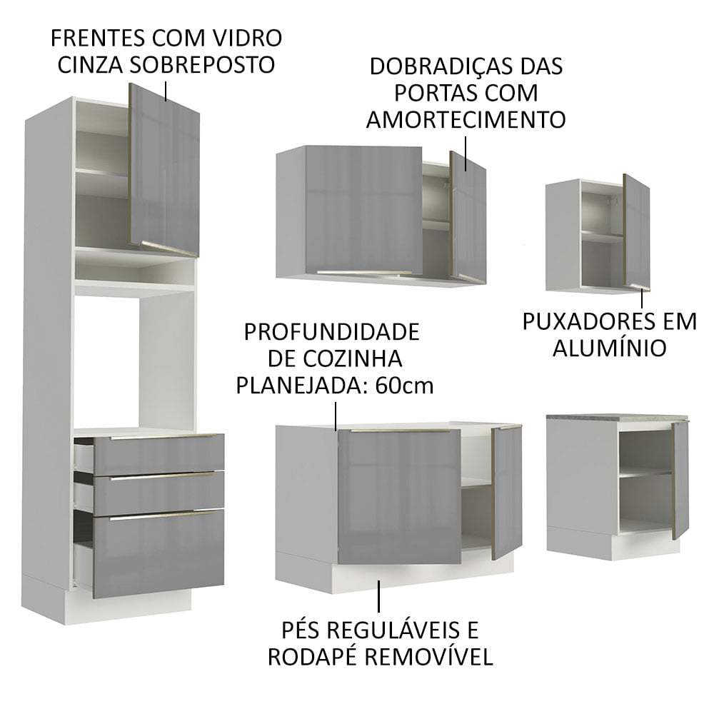 Armário de Cozinha Completa 240cm Branco/Cinza Lux Madesa 03