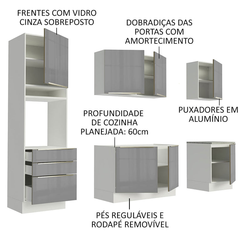 Armário de Cozinha Completa 240cm Branco/Cinza Lux Madesa 03