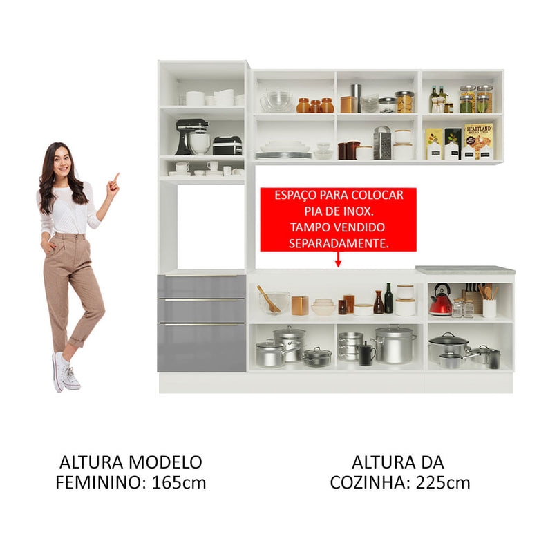 Armário de Cozinha Completa 240cm Branco/Cinza Lux Madesa 03