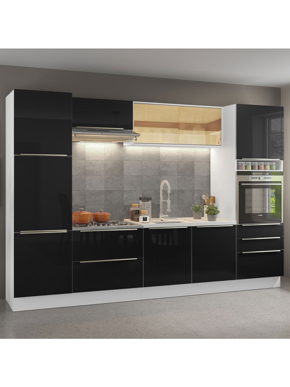 Armário de Cozinha Completa 320cm Branco/Preto Lux Madesa 01 - Branco/Preto
