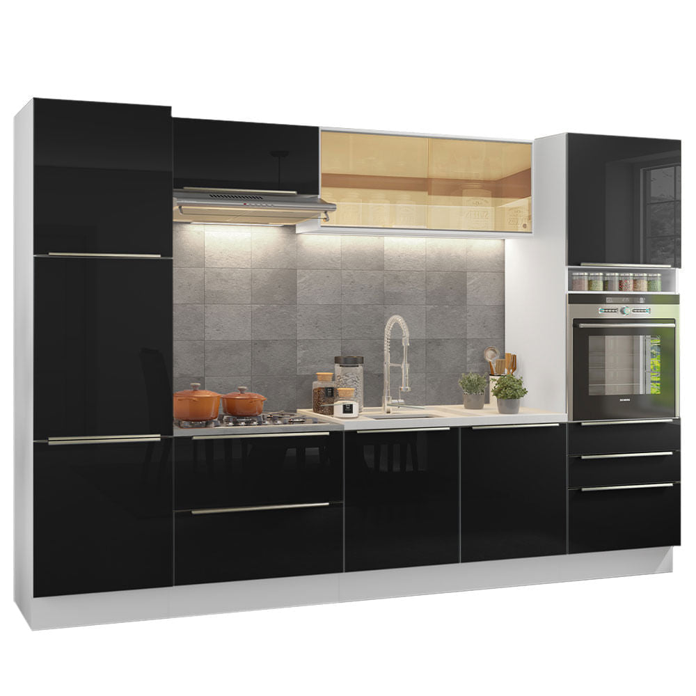 Armário de Cozinha Completa 320cm Branco/Preto Lux Madesa 01 - Branco/Preto