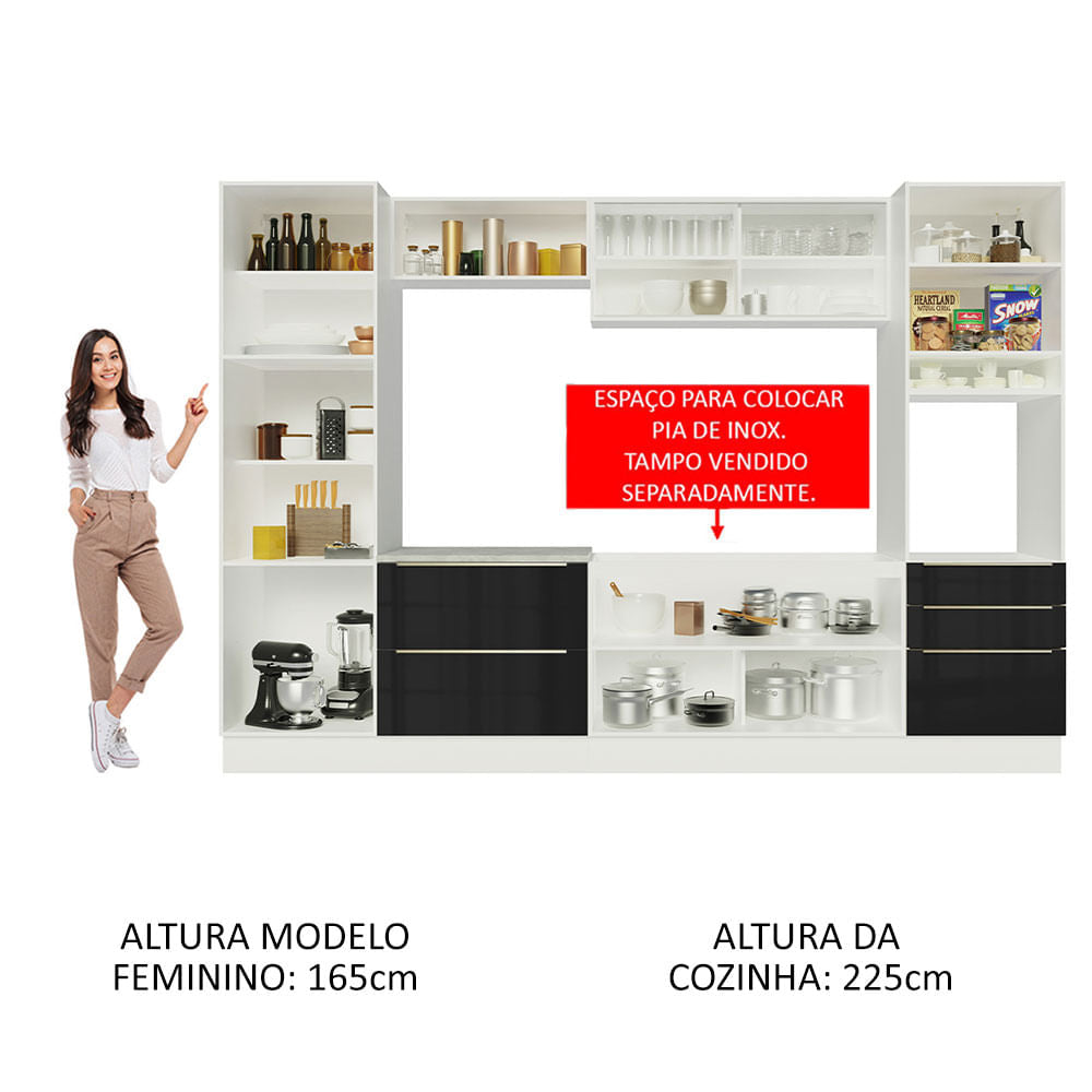 Armário de Cozinha Completa 320cm Branco/Preto Lux Madesa 01