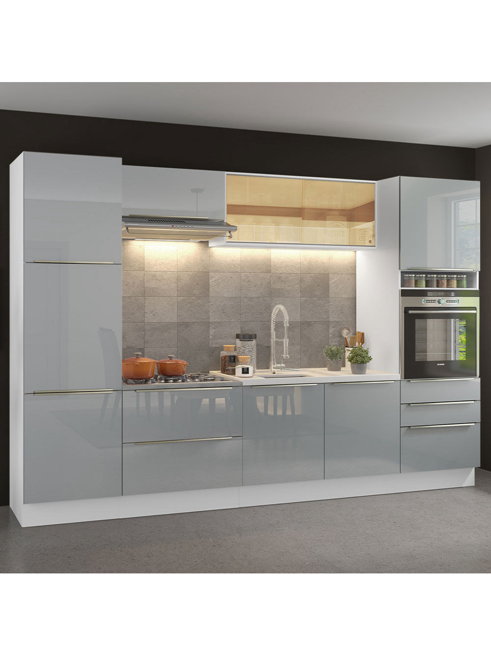 Armário de Cozinha Completa 320cm Branco/Cinza Lux Madesa 01 - Branco/Cinza