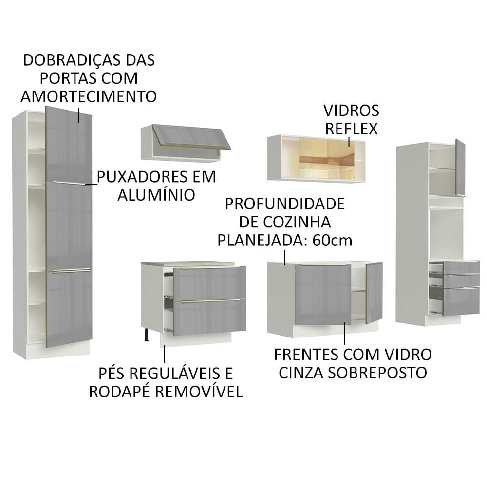 Armário de Cozinha Completa 320cm Branco/Cinza Lux Madesa 01