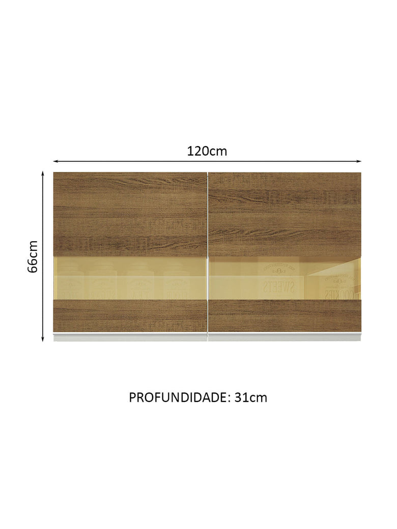 Armário Aéreo Madesa Glamy 120 cm 2 Portas com Vidro Branco/Rustic