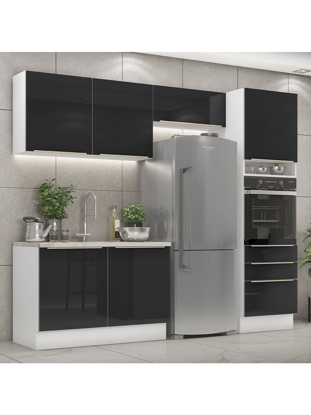 Armário de Cozinha Completa 260cm Branco/Preto Lux Madesa 05 - Branco/Preto