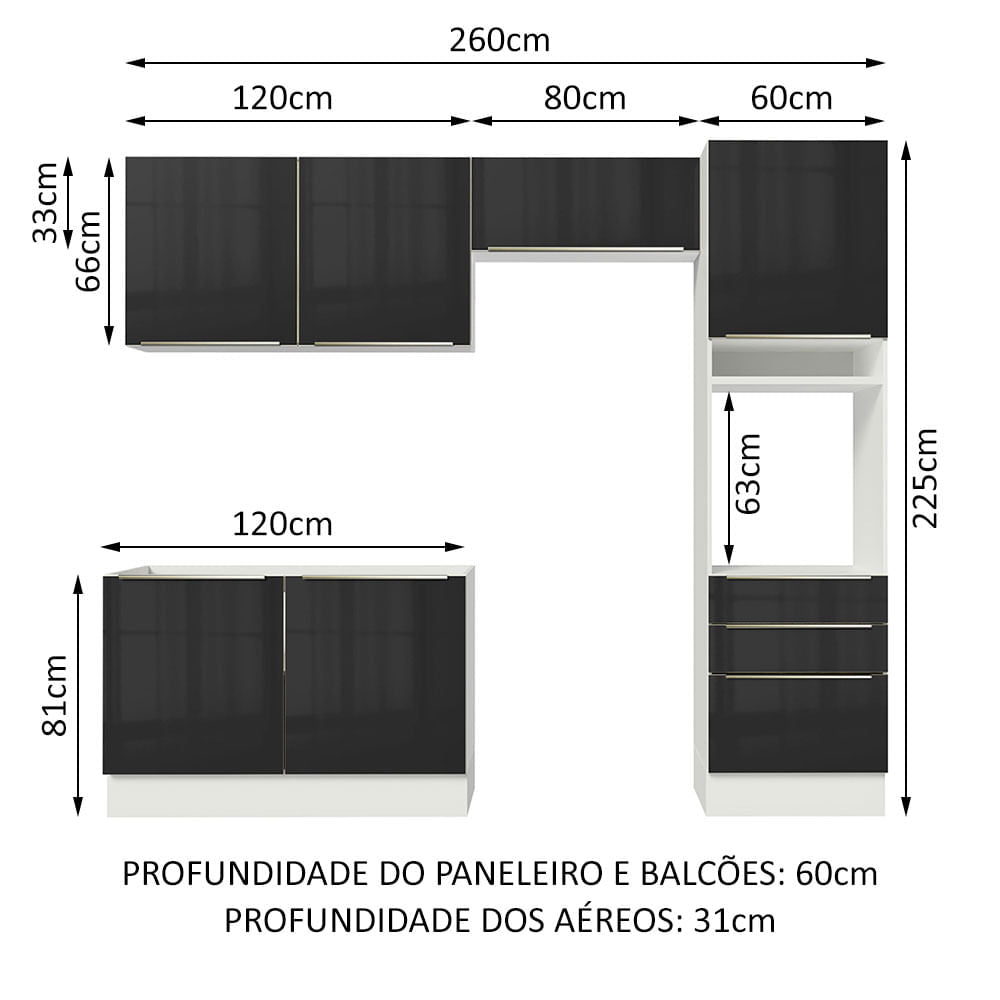 Armário de Cozinha Completa 260cm Branco/Preto Lux Madesa 05