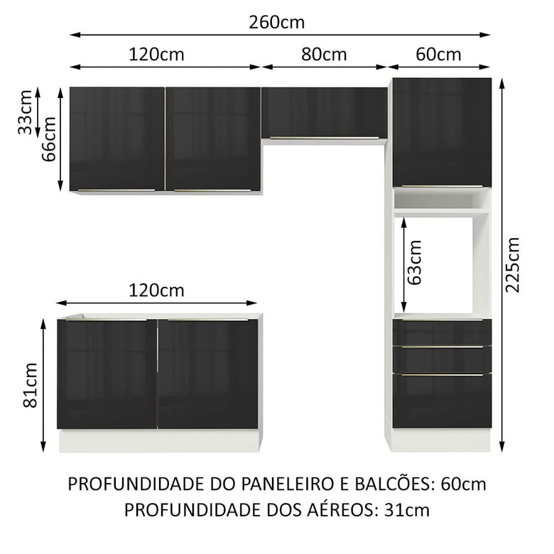 Armário de Cozinha Completa 260cm Branco/Preto Lux Madesa 05