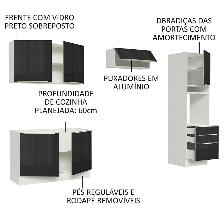 Armário de Cozinha Completa 260cm Branco/Preto Lux Madesa 05