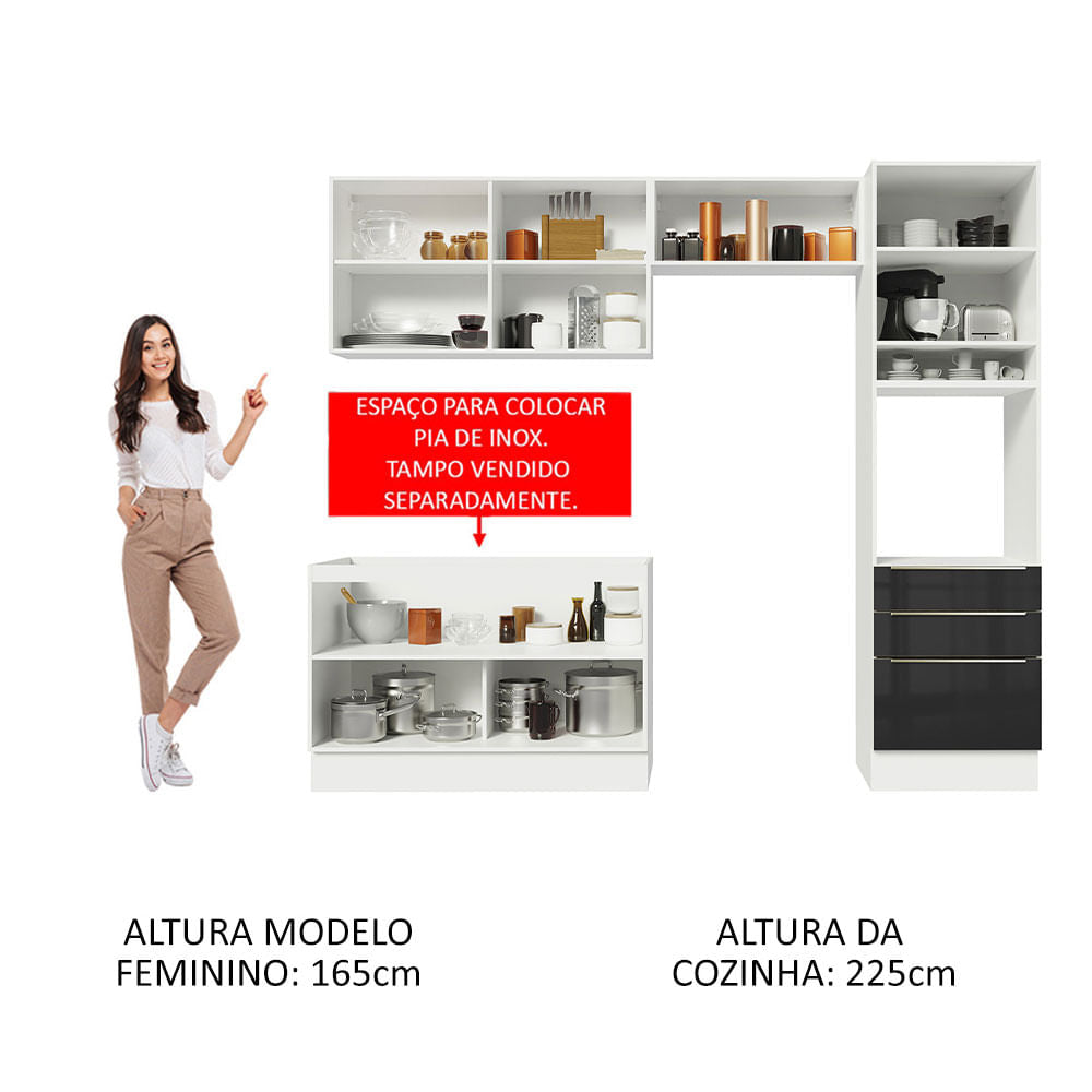 Armário de Cozinha Completa 260cm Branco/Preto Lux Madesa 05