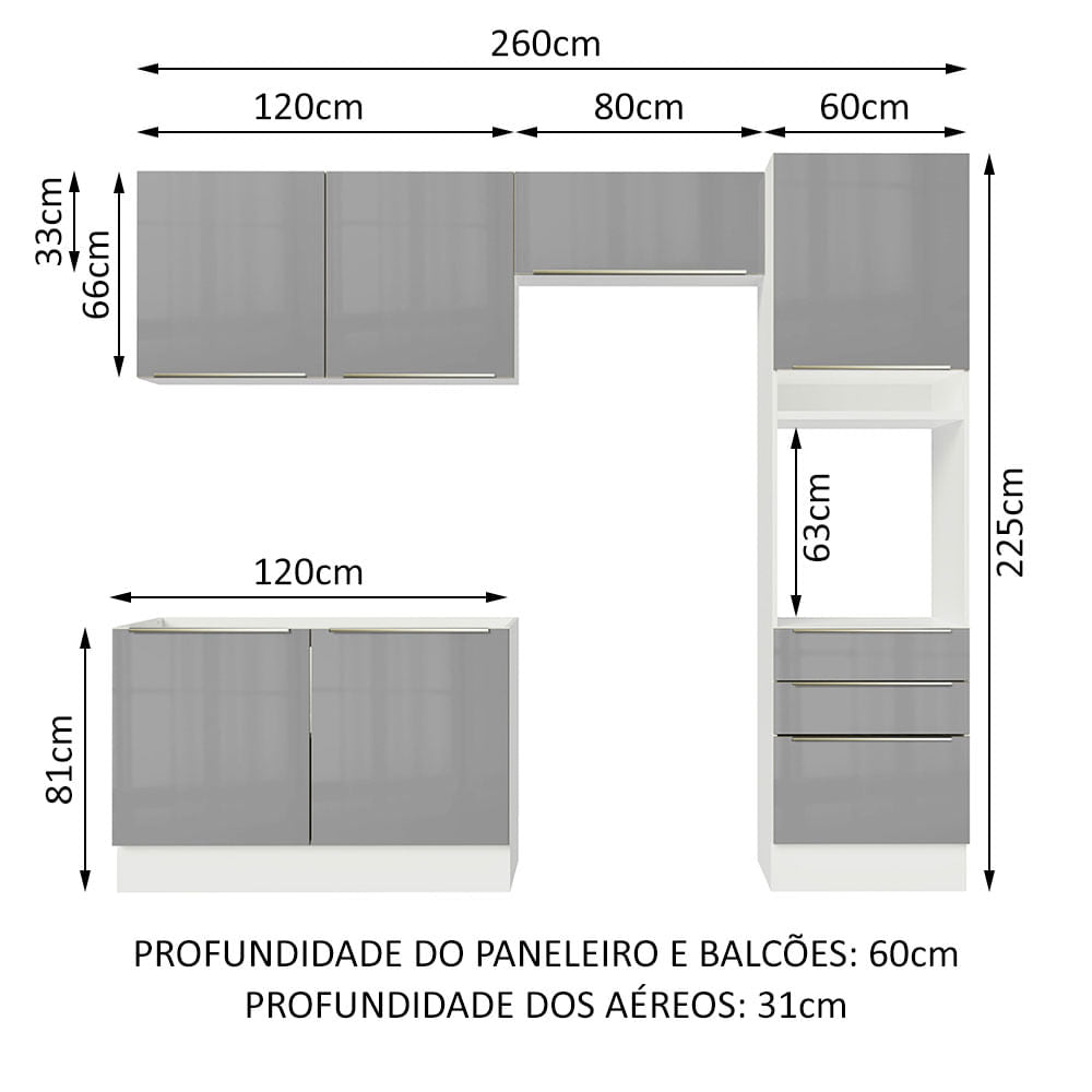 Armário de Cozinha Completa 260cm Branco/Cinza Lux Madesa 05
