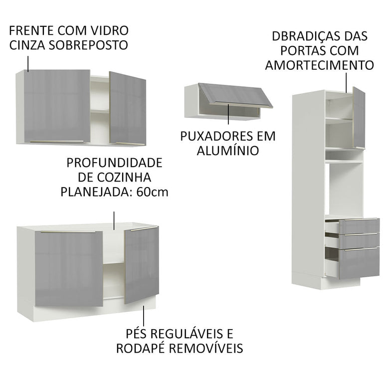 Armário de Cozinha Completa 260cm Branco/Cinza Lux Madesa 05