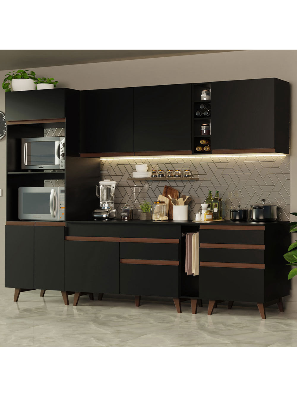 Armário de Cozinha Completa 270cm Preto Reims Madesa 02 - Preto