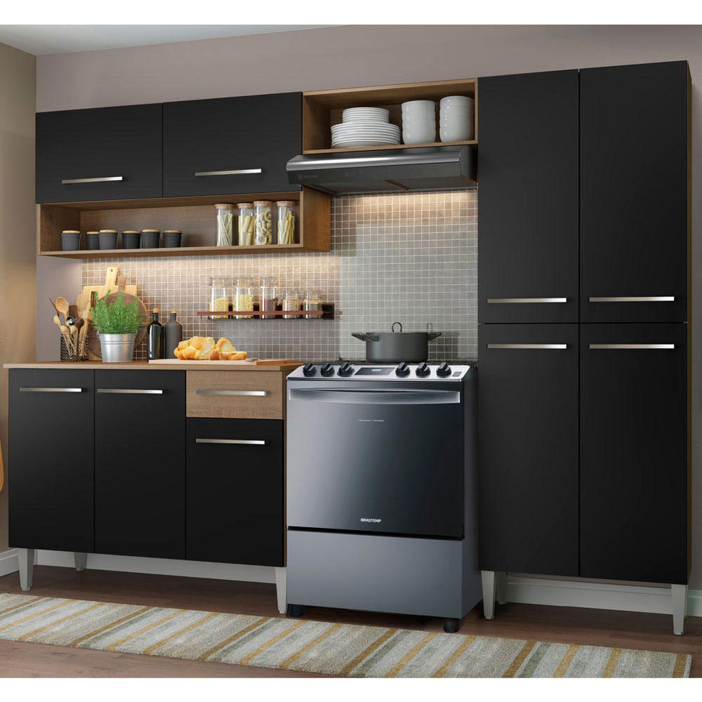 Armário de Cozinha Compacta 229cm Rustic/Preto Emilly Pop Madesa 02 - Rustic/Preto