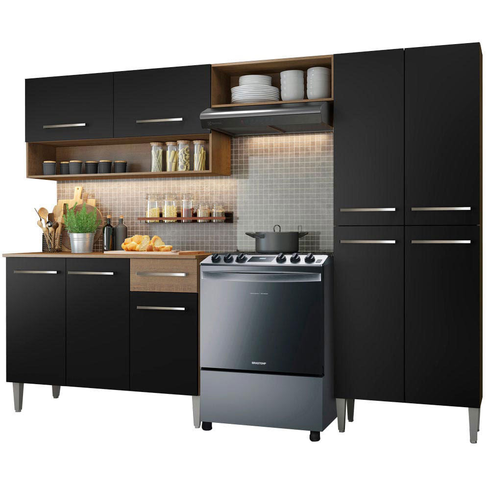 Armário de Cozinha Compacta 229cm Rustic/Preto Emilly Pop Madesa 02 - Rustic/Preto