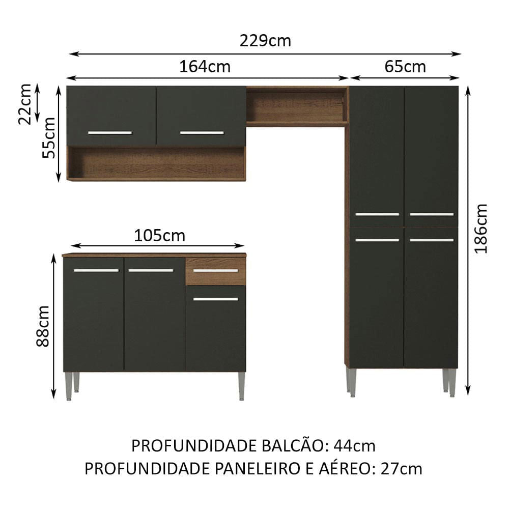 Armário de Cozinha Compacta 229cm Rustic/Preto Emilly Pop Madesa 02