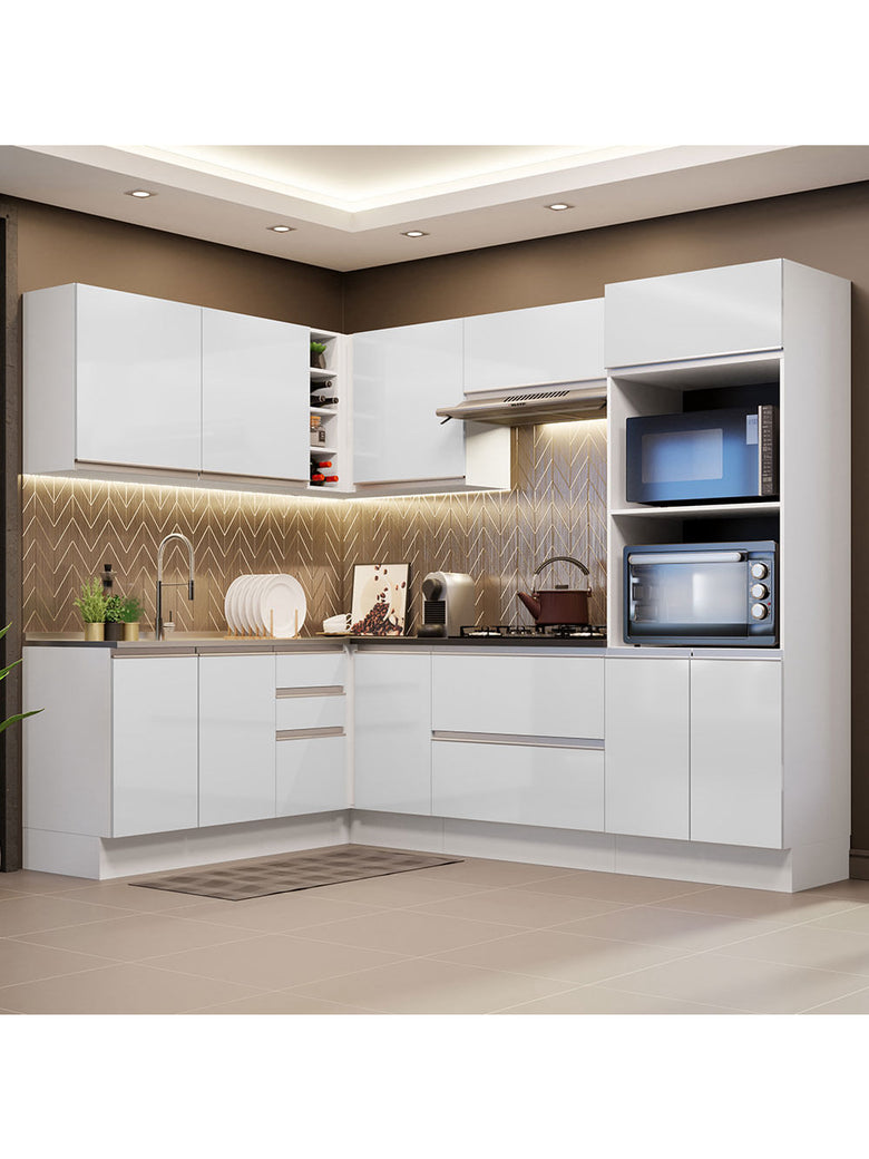 Armário de Cozinha Completa de Canto 100% MDF 419cm Frentes Branco Brilho Acordes Madesa 03