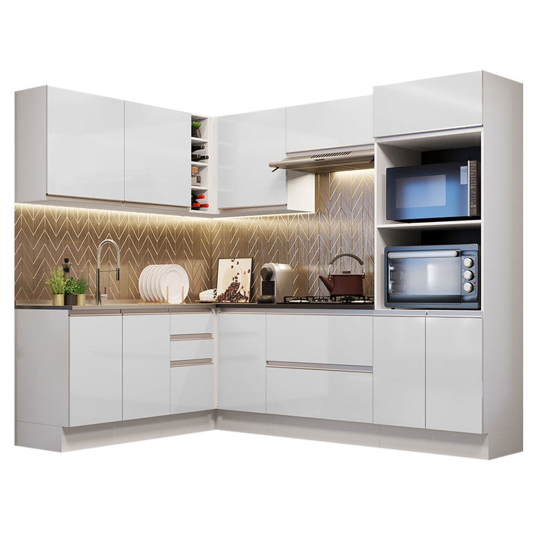 Armário de Cozinha Completa de Canto 100% MDF 419cm Frentes Branco Brilho Acordes Madesa 03