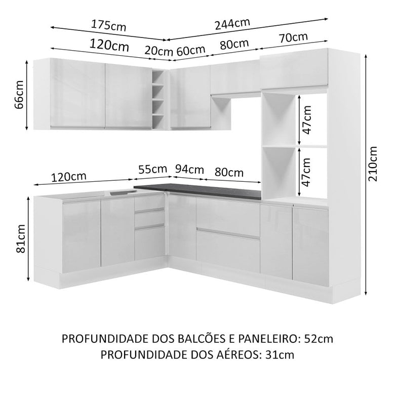Armário de Cozinha Completa de Canto 100% MDF 419cm Frentes Branco Brilho Acordes Madesa 03