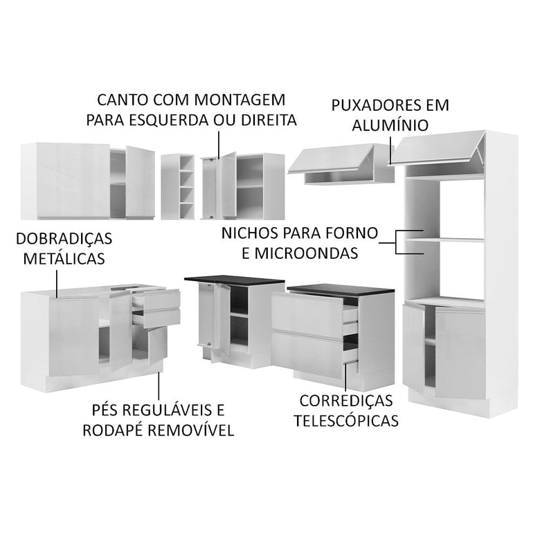 Armário de Cozinha Completa de Canto 100% MDF 419cm Frentes Branco Brilho Acordes Madesa 03